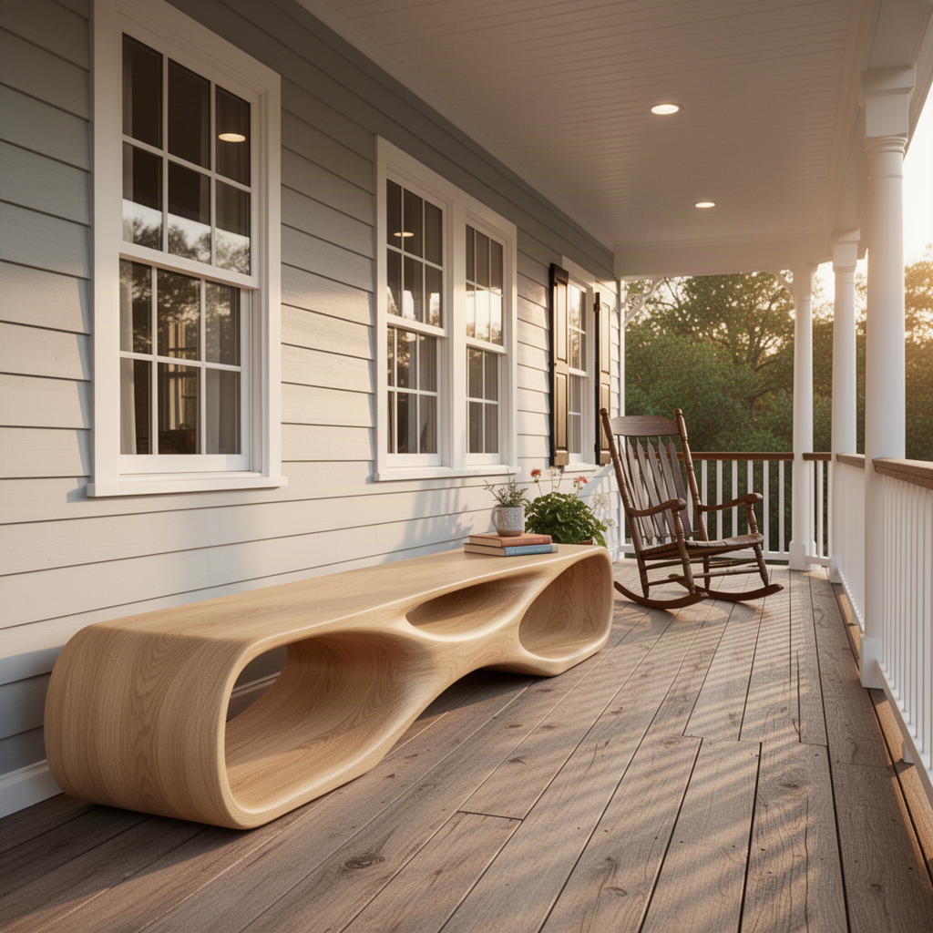 Sylvara Oak sculptural wood bench on a covered wooden front porch beside a rocking chair at sunset
