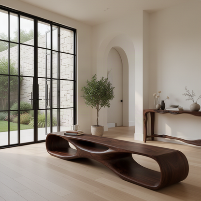 Sylvara sculptural wood bench in rich Brown finish in a bright modern entryway with steel-framed windows