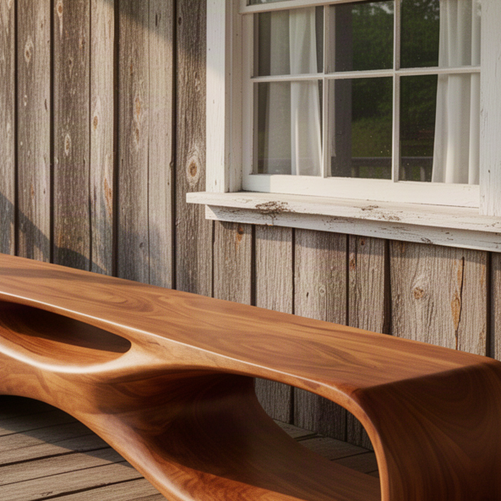 Close-up of Sylvara wood bench showing smooth flowing seat edge, carved open hollow and natural solid wood grain