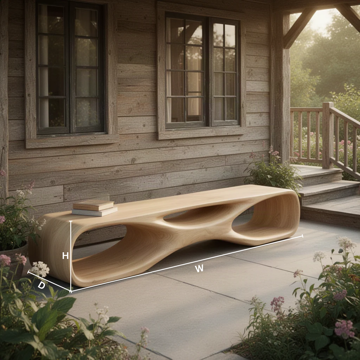Sylvara sculptural wood bench dimensions diagram showing width, height and depth of the long open form bench