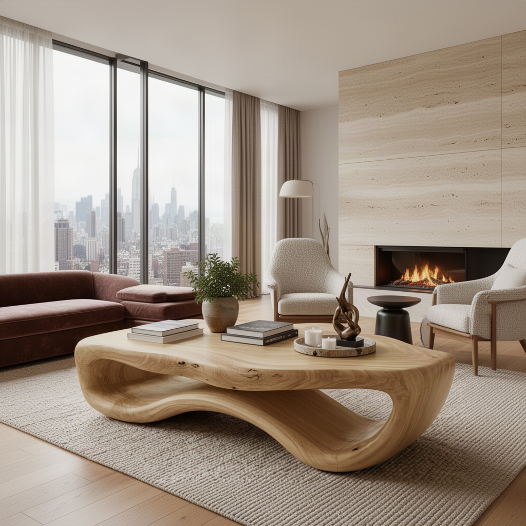 Pebblo sculptural wood coffee table in Oak with free-form pebble top and open loop base in a city-view living room