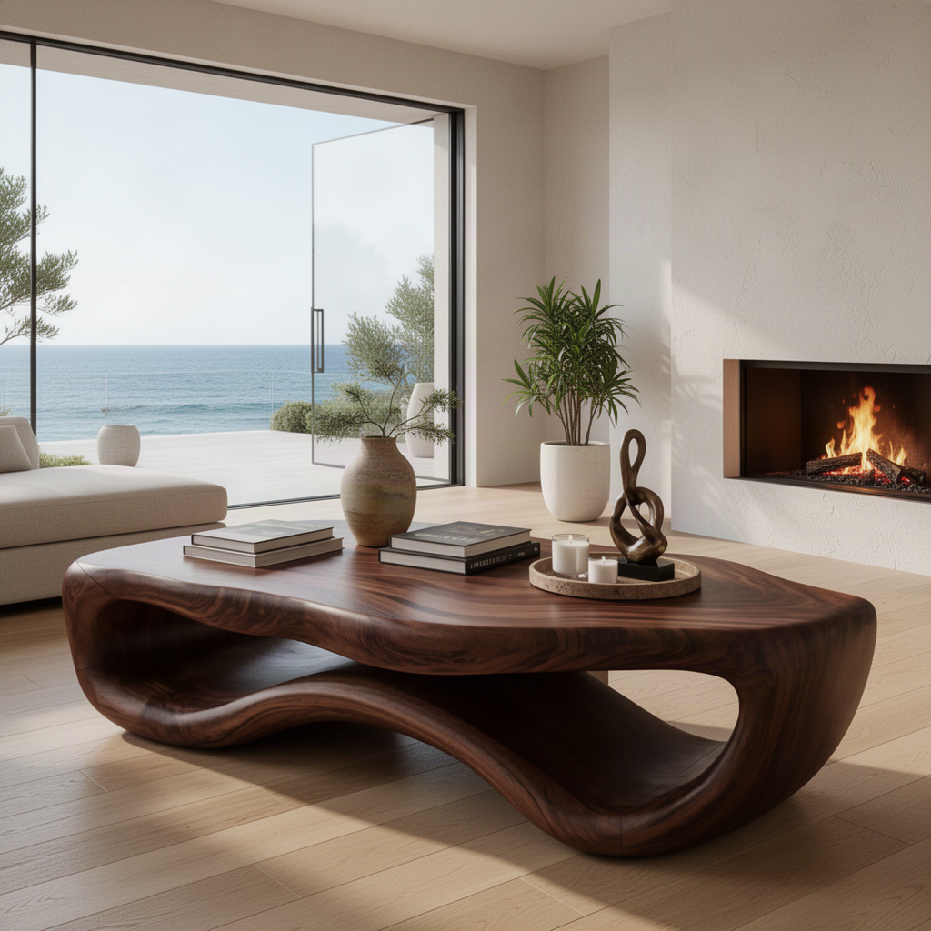 Pebblo sculptural wood coffee table in Walnut with rounded free-form top and flowing open base by the ocean