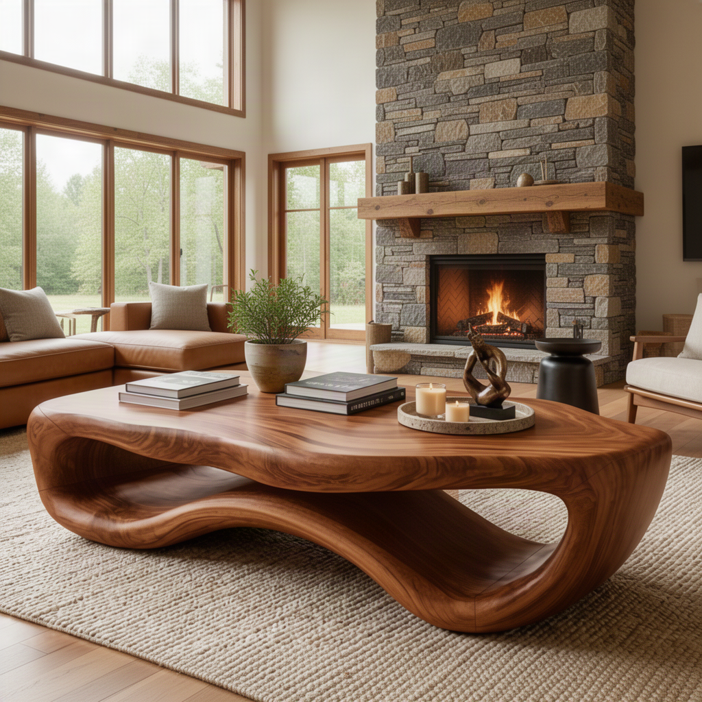 Pebblo organic wood coffee table in Brown finish with thick rounded top and sculpted open-loop base