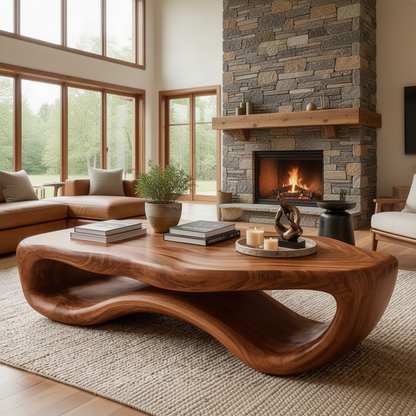 Pebblo organic wood coffee table in Brown finish with thick rounded top and sculpted open-loop base