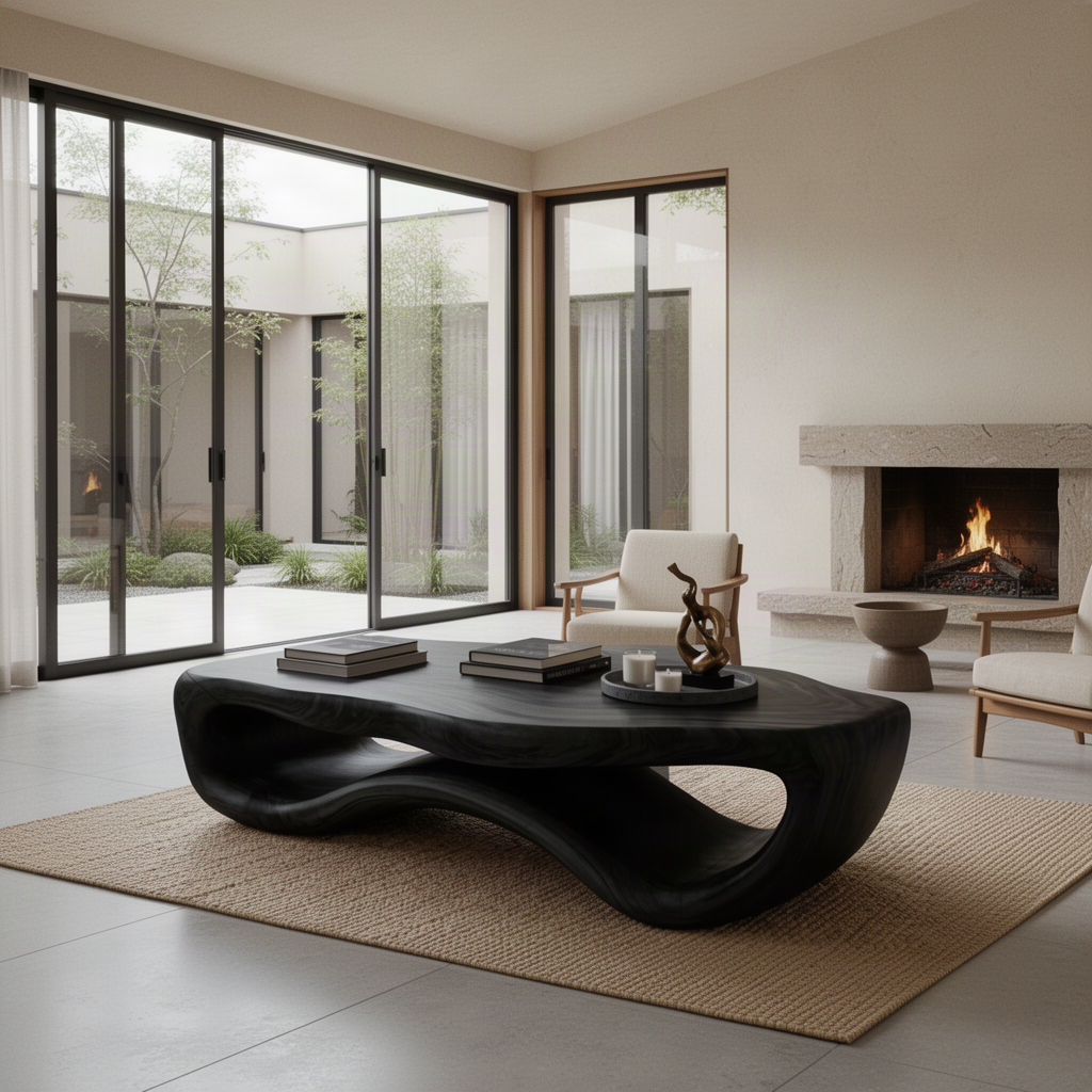 Pebblo sculptural wood coffee table in Black with free-form top and open base in a modern courtyard home