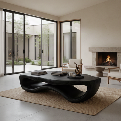Pebblo sculptural wood coffee table in Black with free-form top and open base in a modern courtyard home