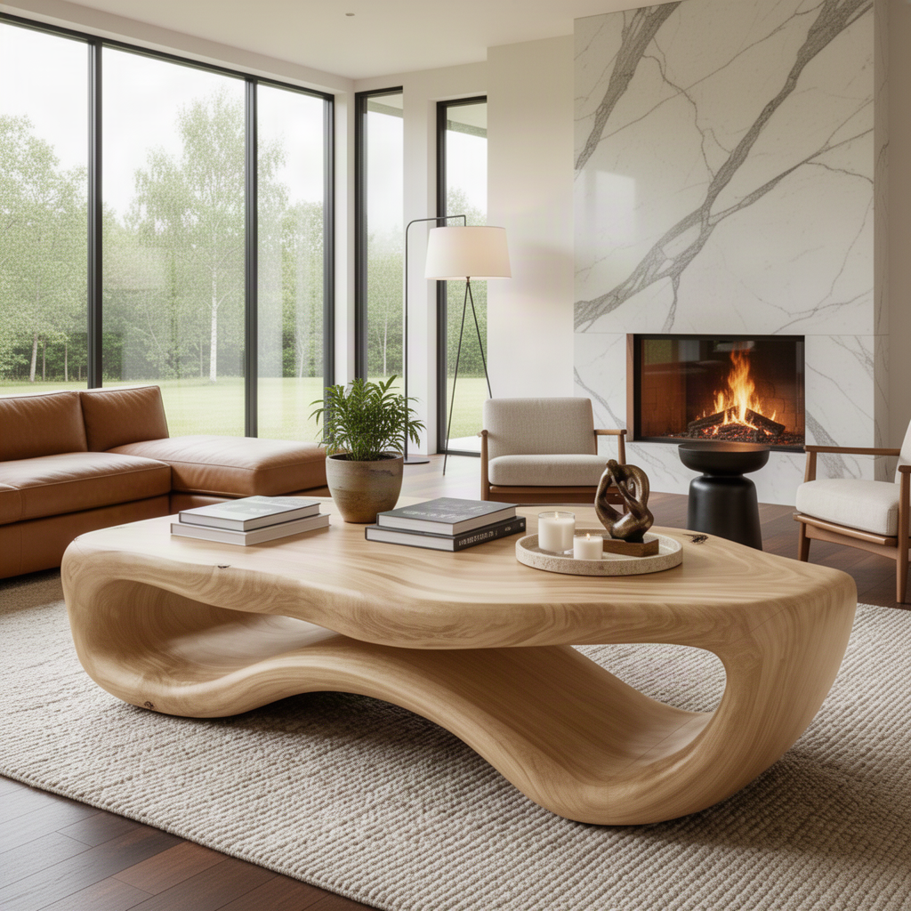 Pebblo Oak sculptural coffee table with books and decor in a bright living room with marble fireplace