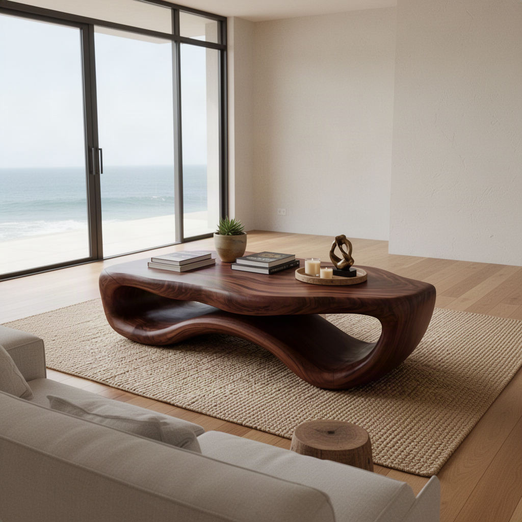 Pebblo sculptural wood coffee table in rich Brown finish on a jute rug in an ocean-view living room