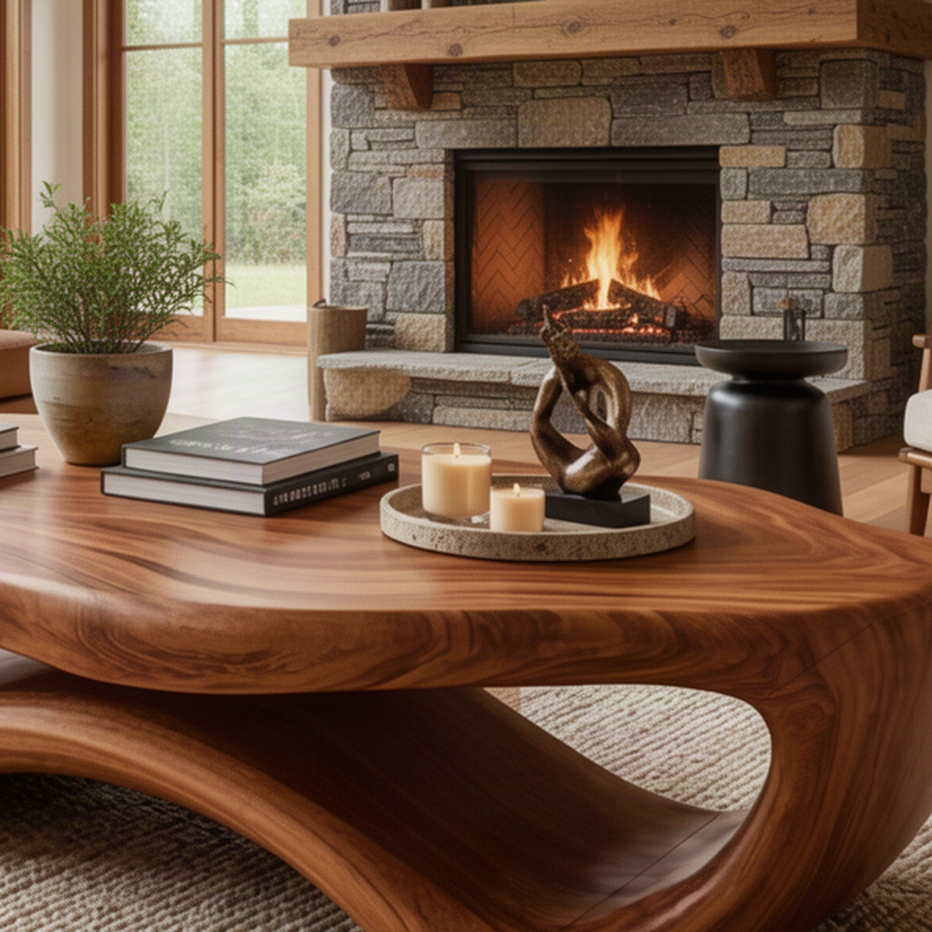Close-up of Pebblo wood coffee table showing rounded free-form edge, swirling natural grain and open base