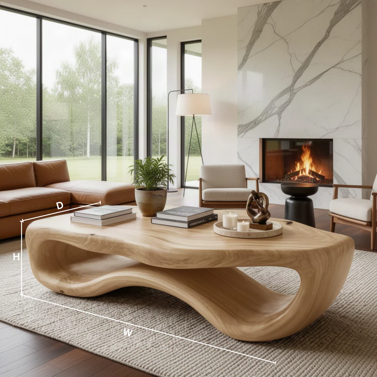 Pebblo sculptural wood coffee table dimensions diagram showing width, depth and height of the free-form table