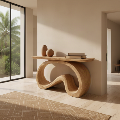 Ribbona sculptural wood console table in Oak with continuous ribbon-loop base in a tropical modern entryway