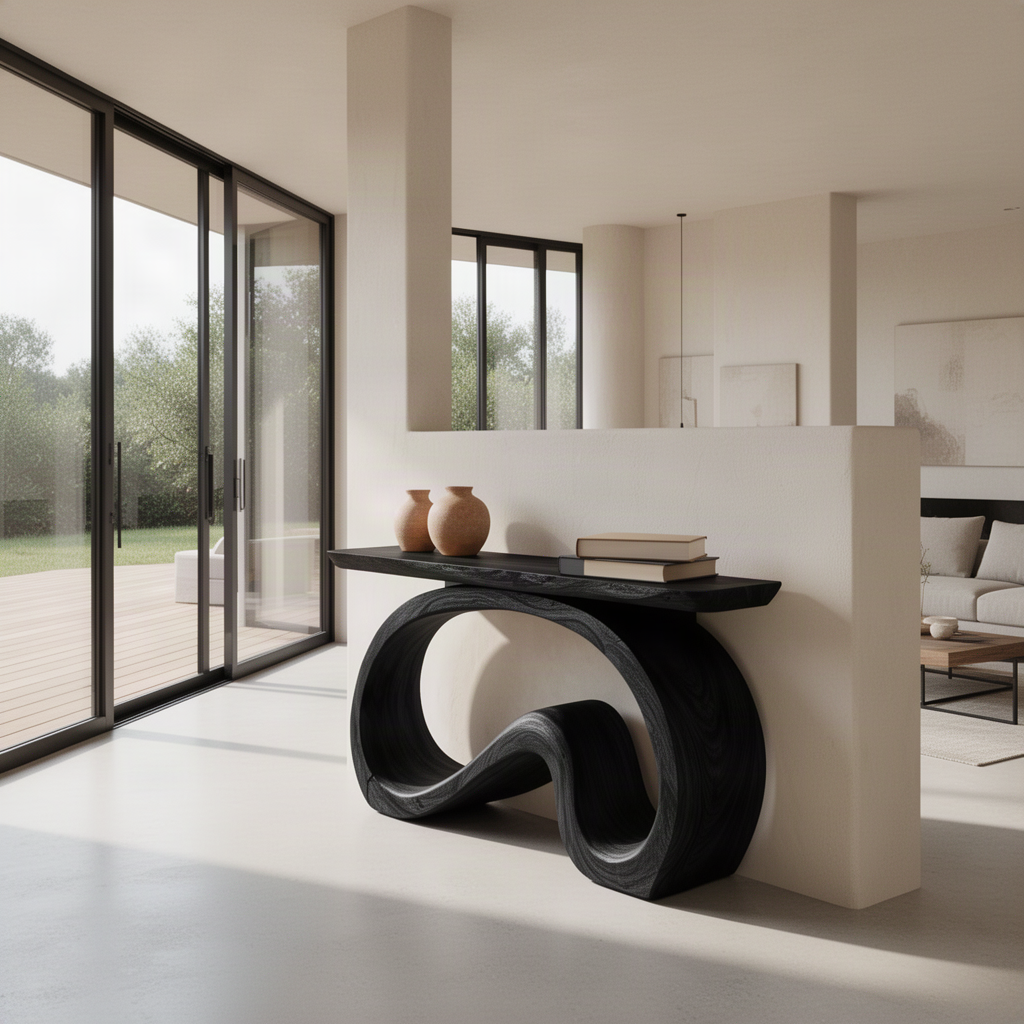 Ribbona sculptural wood console table in Black with ribbon-loop base in a bright minimalist open-plan home