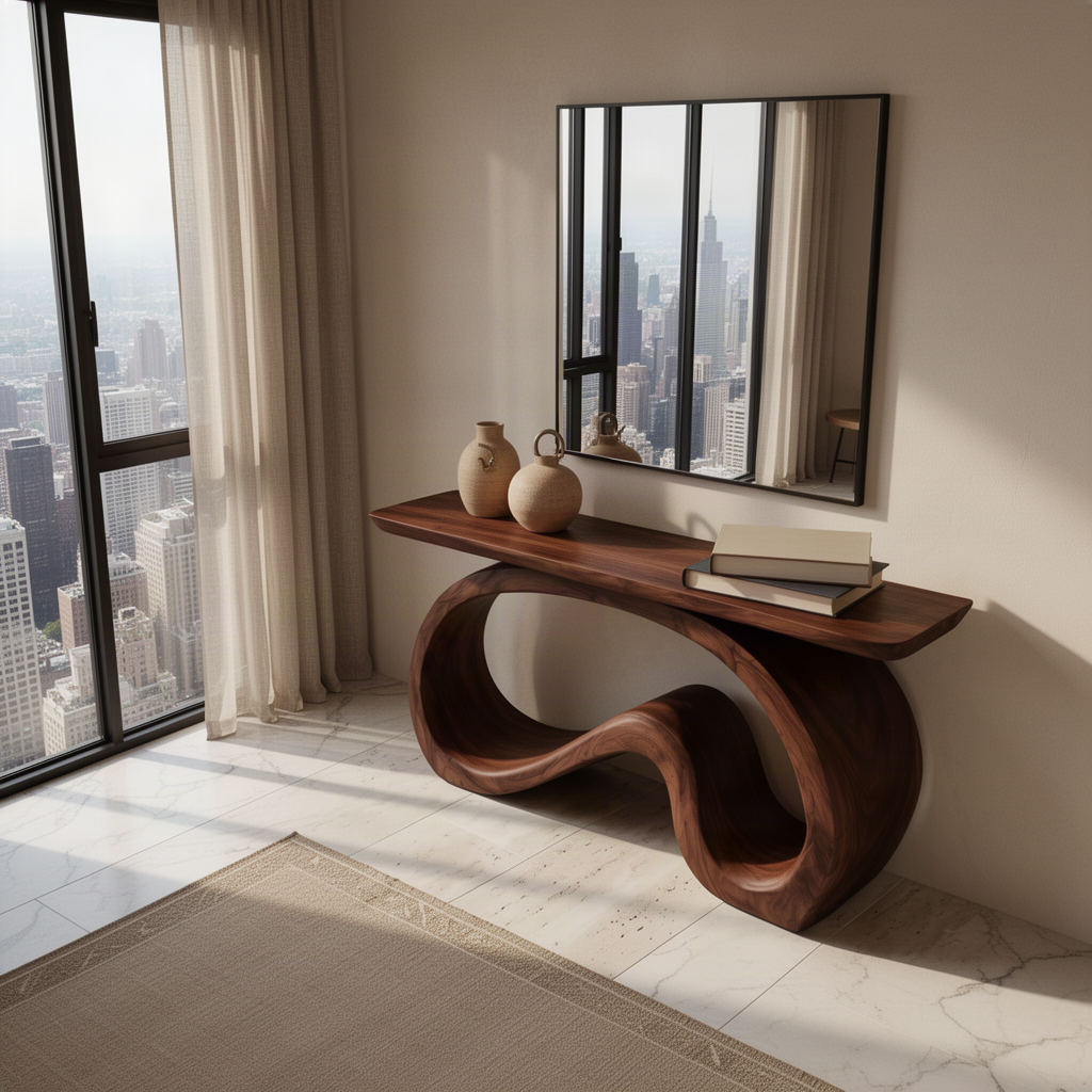 Ribbona sculptural wood console table in rich Brown finish beneath a mirror in a high-rise apartment foyer