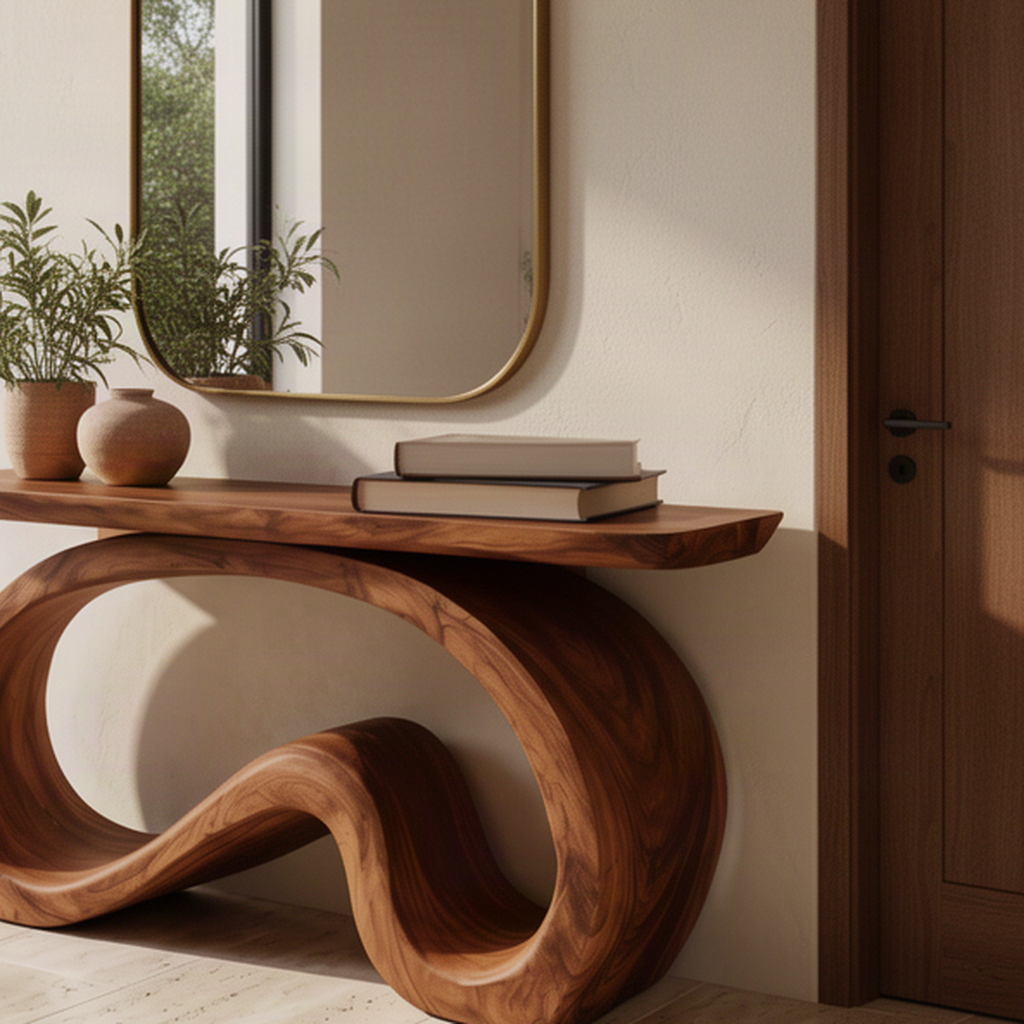 Close-up of Ribbona wood console table showing rounded top edge, flowing ribbon base and natural solid wood grain