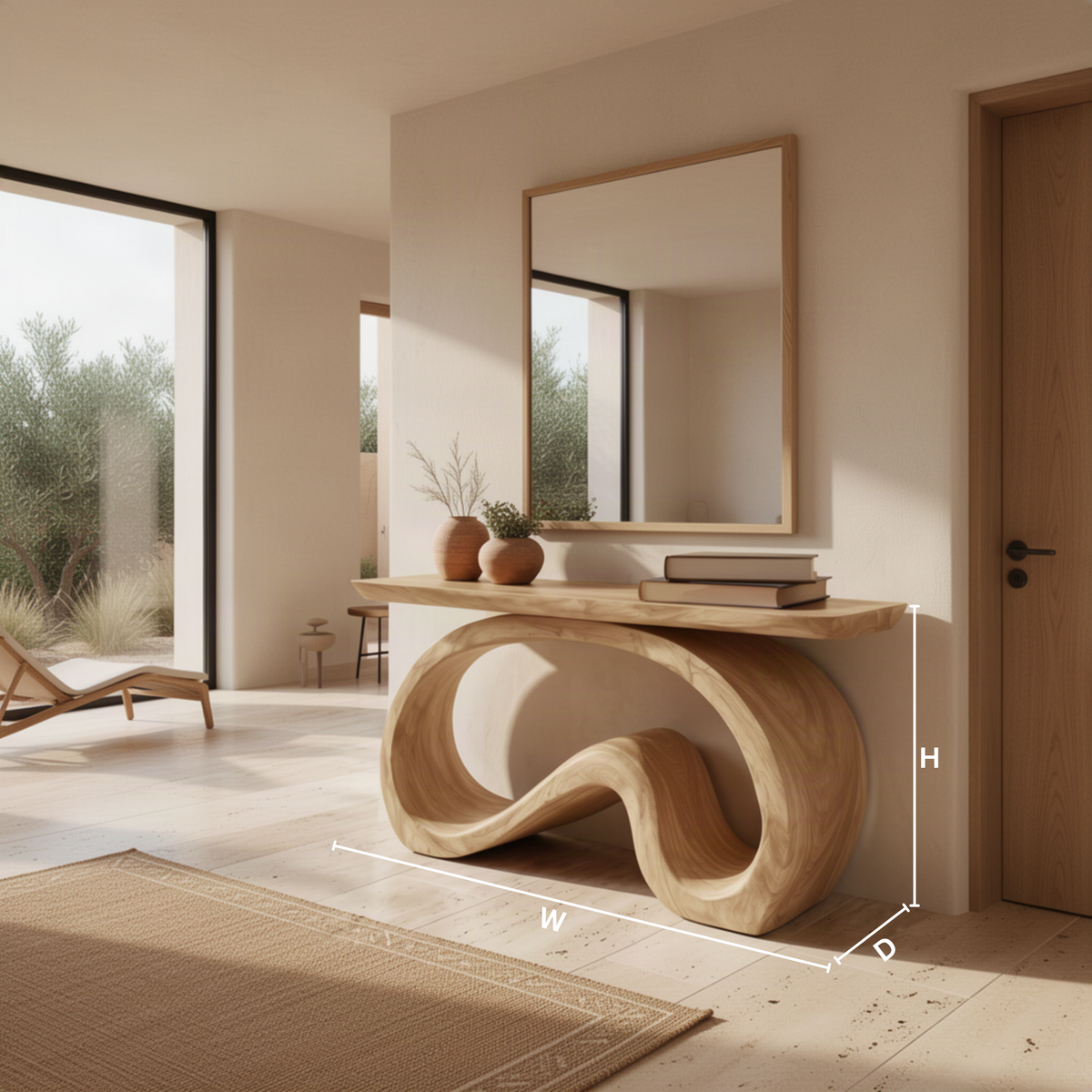 Ribbona sculptural wood console table dimensions diagram showing width, height and depth of the ribbon-loop table