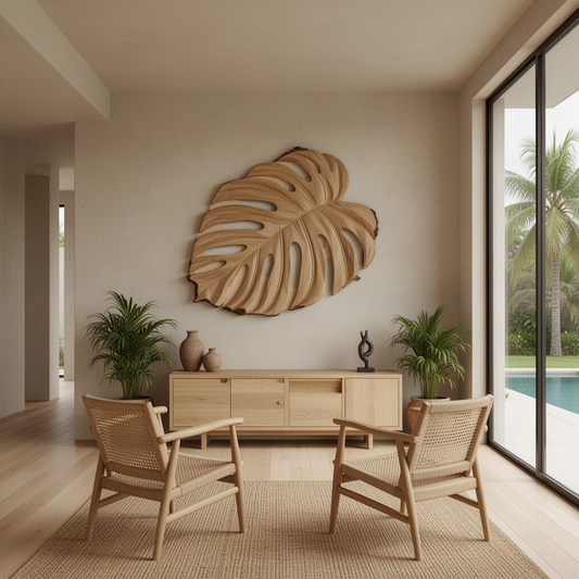 Monsteria sculptural wood wall art in Oak, a large carved monstera leaf above a sideboard in a tropical living room
