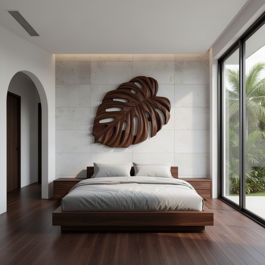 Monsteria sculptural wood wall art in Walnut with hand-carved veins and open leaf splits