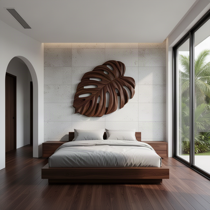 Monsteria sculptural wood wall art in Walnut with hand-carved veins and open leaf splits