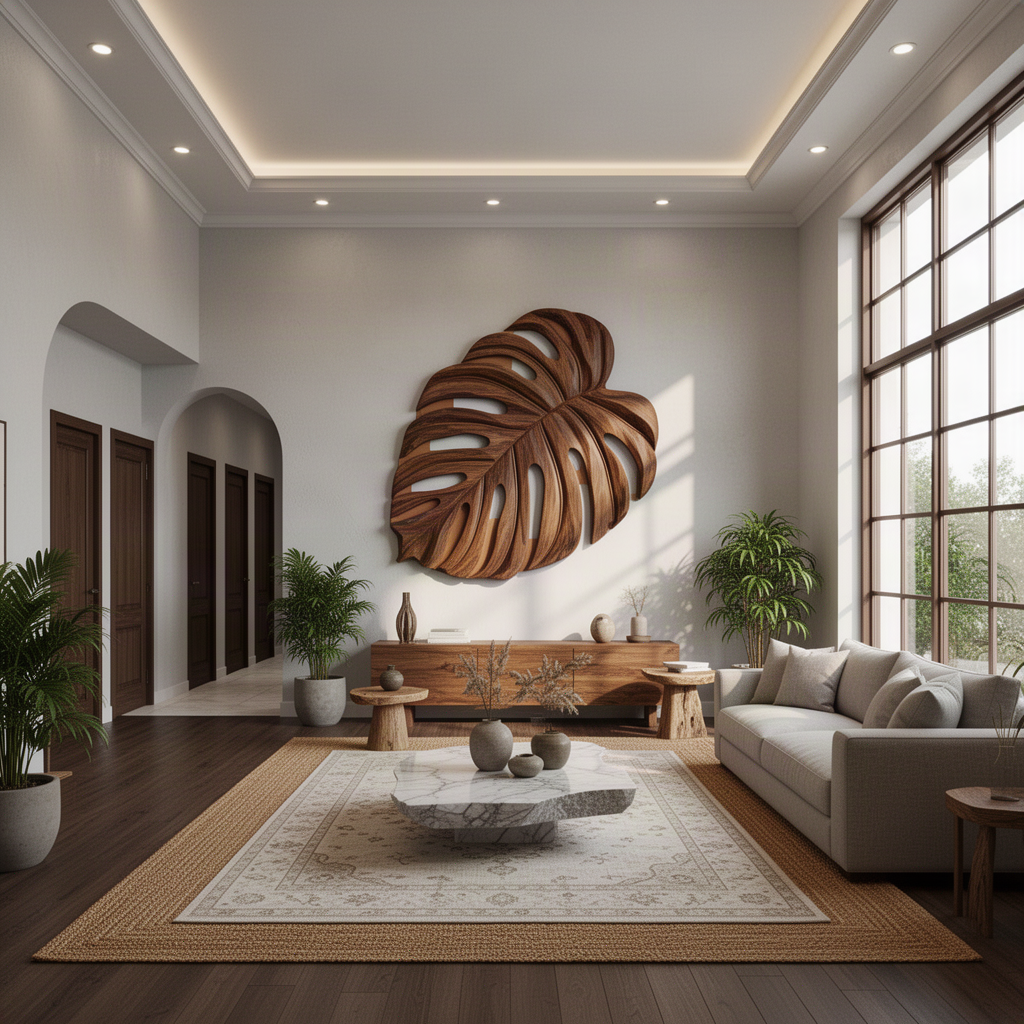 Monsteria carved monstera leaf wall sculpture in Brown finish with deep relief and natural grain