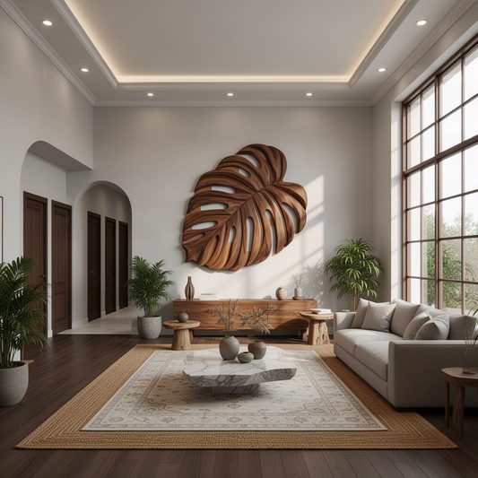 Monsteria carved monstera leaf wall sculpture in Brown finish with deep relief and natural grain