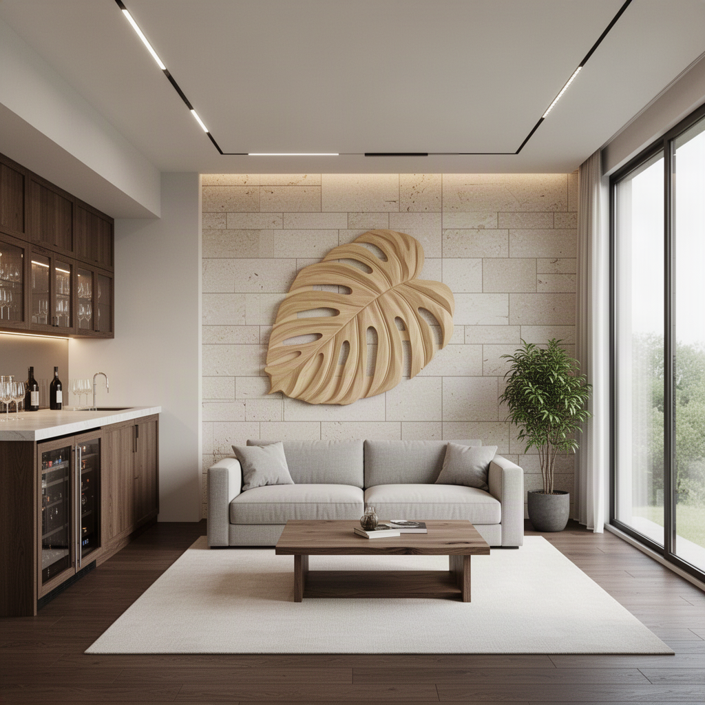 Monsteria Oak carved monstera leaf wall art above a sofa on a stone accent wall in a modern living room