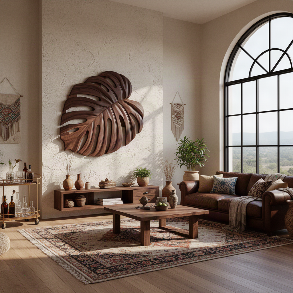 Monsteria sculptural wood wall art in rich Walnut tone above a console in a warm organic modern lounge