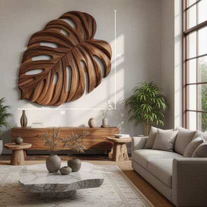 Monsteria sculptural wood wall art dimensions diagram showing width, height and thickness of each size