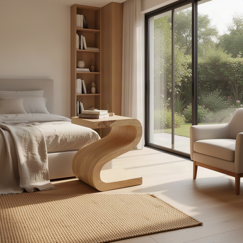 Sinuo sculptural wood side table in Oak with continuous S-curve form beside a bed in a bright bedroom