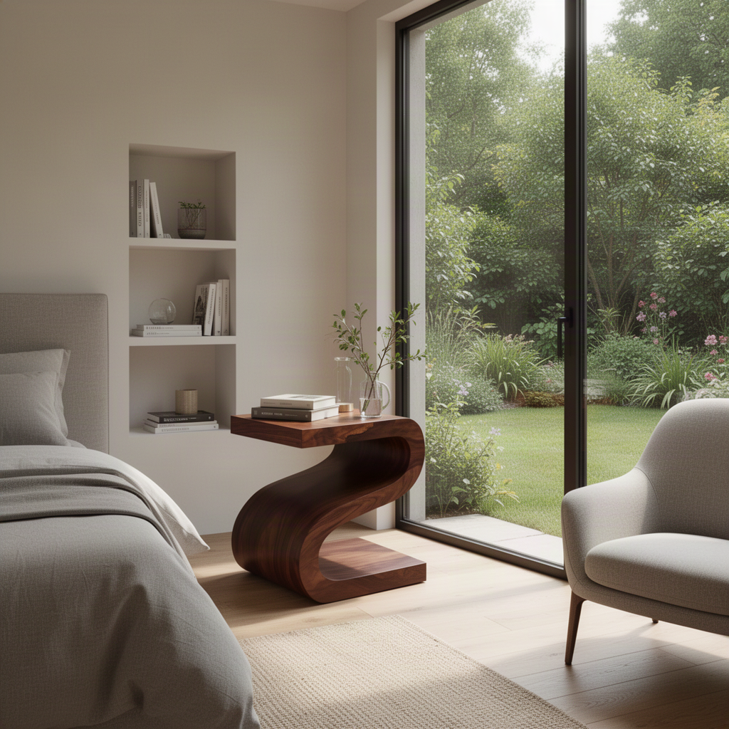 Sinuo sculptural wood side table in Walnut with flowing S-curve ribbon shape and flat top