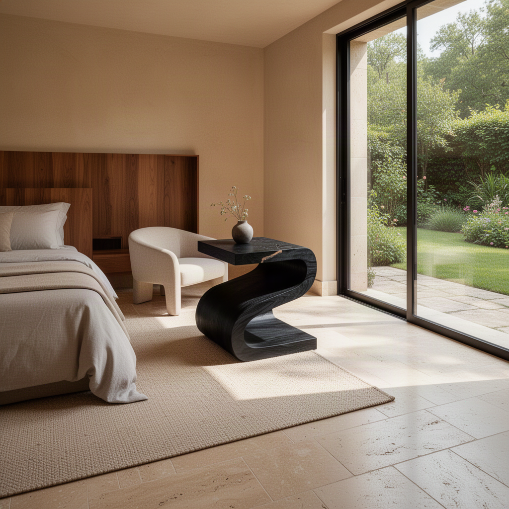 Sinuo sculptural wood side table in Black with S-curve form beside a bed in a modern room