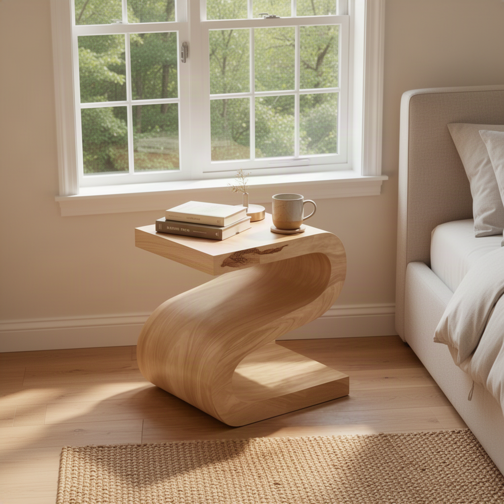 Sinuo Oak S-curve side table with books and a mug beside a bed under a sunny garden window
