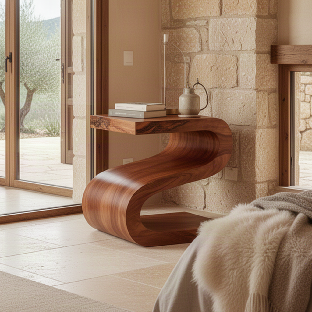 Close-up of Sinuo wood side table showing the flowing S-curve and long natural grain along the bend