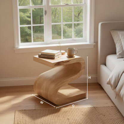 Sinuo sculptural wood side table dimensions diagram showing width, height and depth of each size