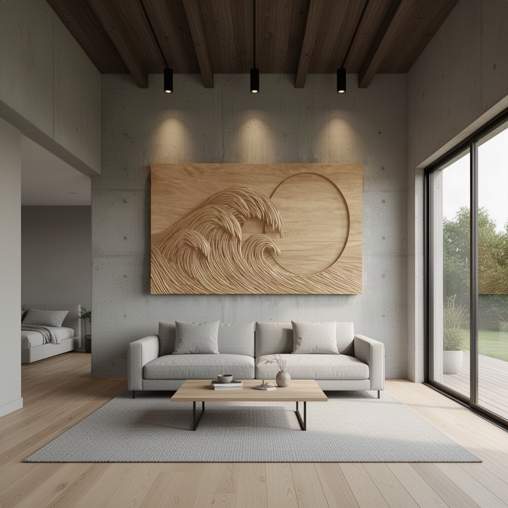 Tsunara sculptural wood wall art in Oak, a carved great wave and moon relief panel above a sofa on a concrete wall