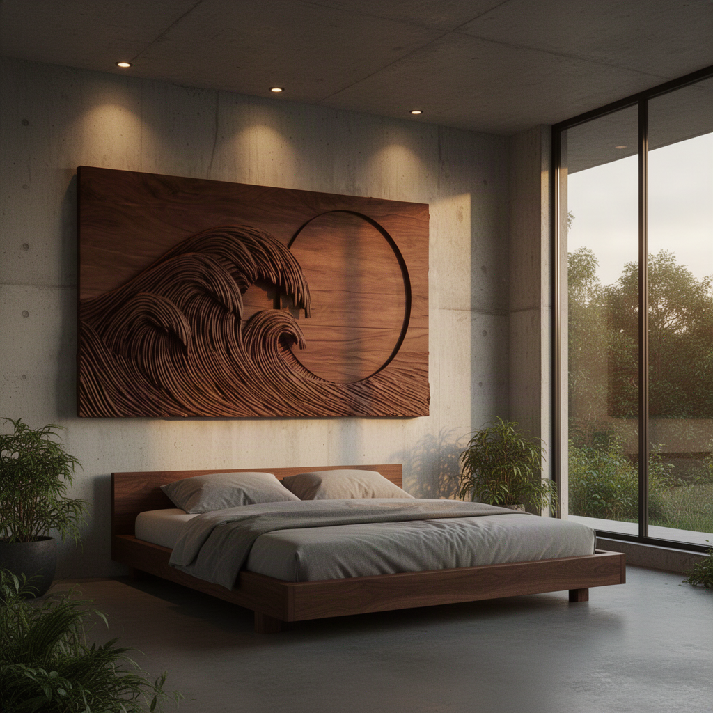 Tsunara sculptural wood wall art in Walnut with finely carved curling wave and smooth recessed moon
