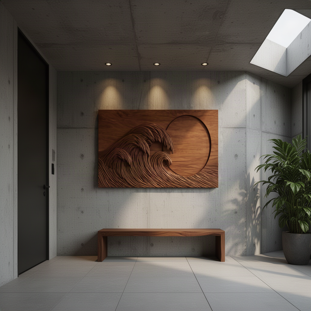 Tsunara carved wave relief panel in Brown finish with deep textured water and natural wood grain