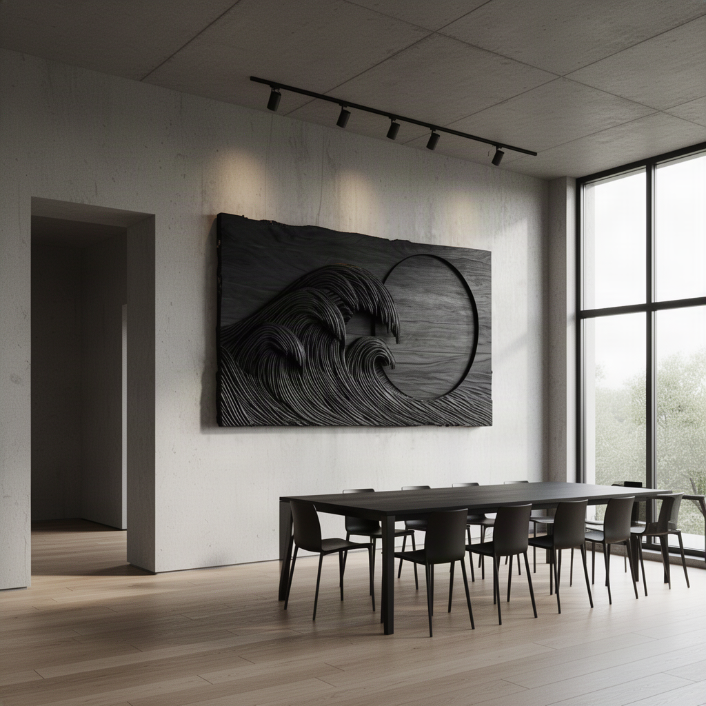Tsunara sculptural wood wall art in Black, a carved great wave and moon relief on a light feature wall