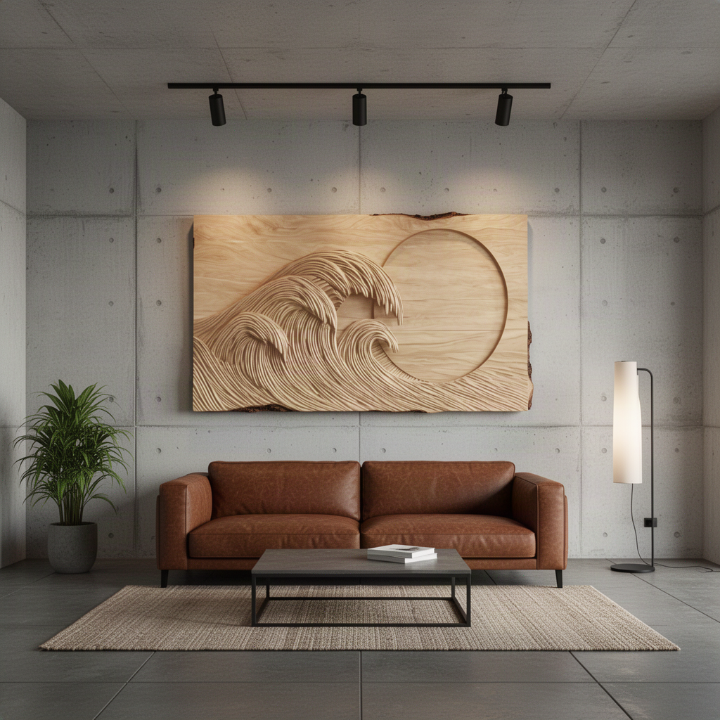 Tsunara Oak wave and moon relief panel above a leather sofa under track lights in a modern living room