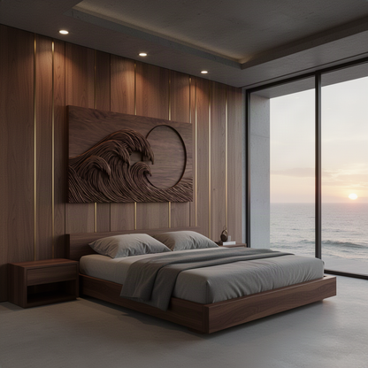 Tsunara sculptural wood wall art in rich Walnut tone lit by spotlights in a calm Japandi interior