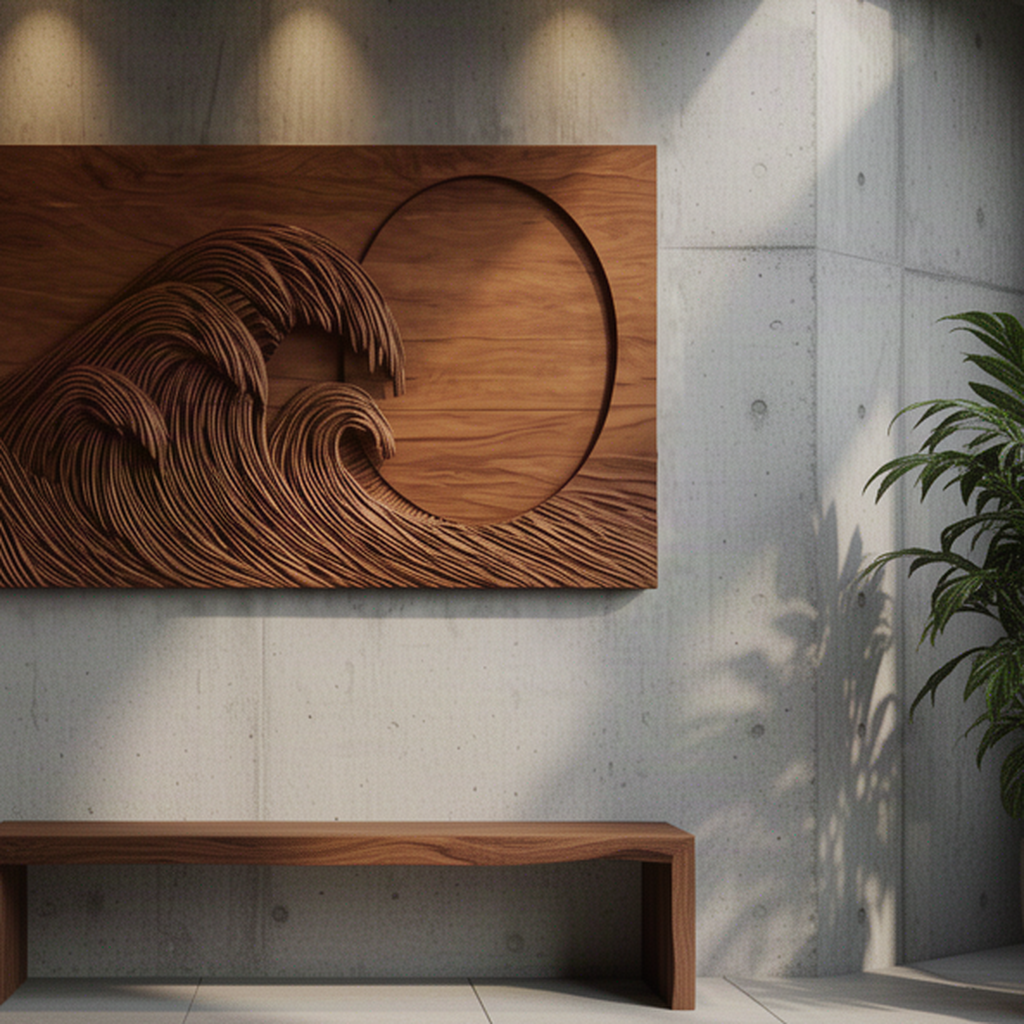 Close-up of Tsunara wood wall art showing fine carved wave lines, recessed moon and natural grain