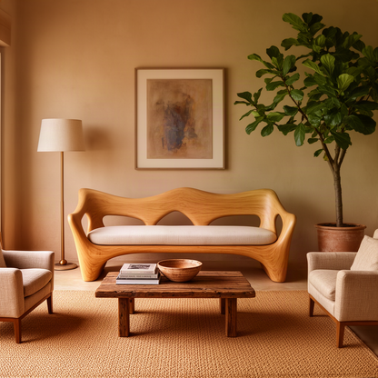 Undara sculptural wood sofa in Oak with wave-shaped carved backrest and oval cutouts in a warm living room