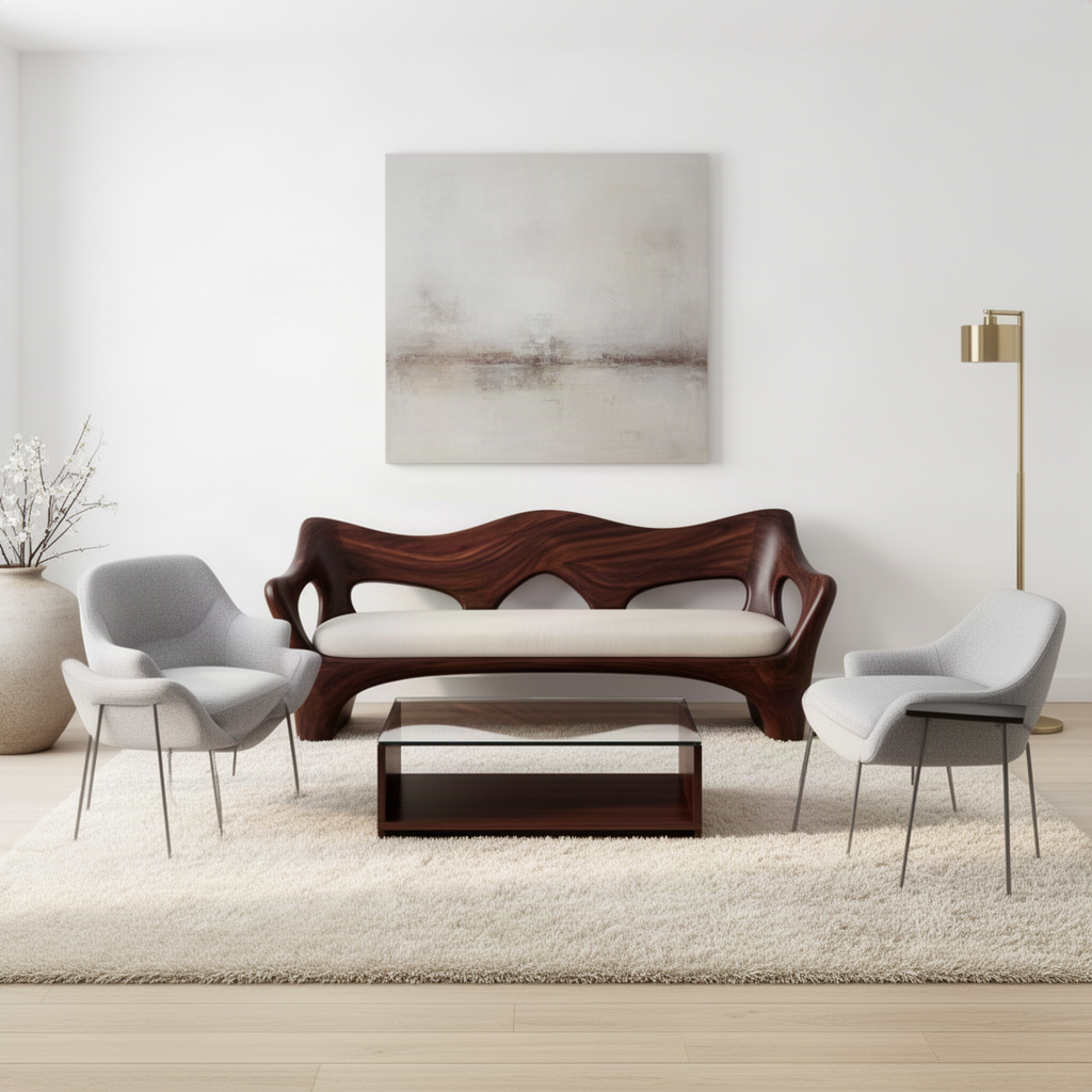 Undara sculptural wood sofa in Walnut with flowing carved frame, open cutouts and upholstered seat cushion