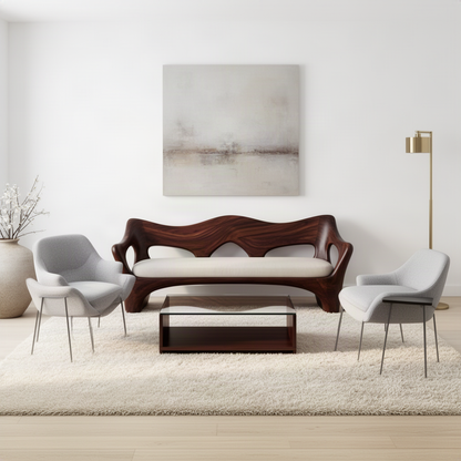 Undara sculptural wood sofa in Walnut with flowing carved frame, open cutouts and upholstered seat cushion