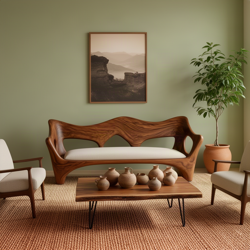 Undara carved wood sofa in Brown finish with wave backrest and sculpted end supports