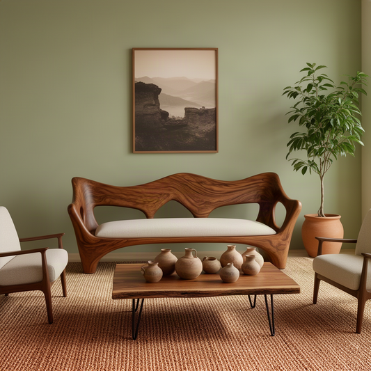 Undara carved wood sofa in Brown finish with wave backrest and sculpted end supports