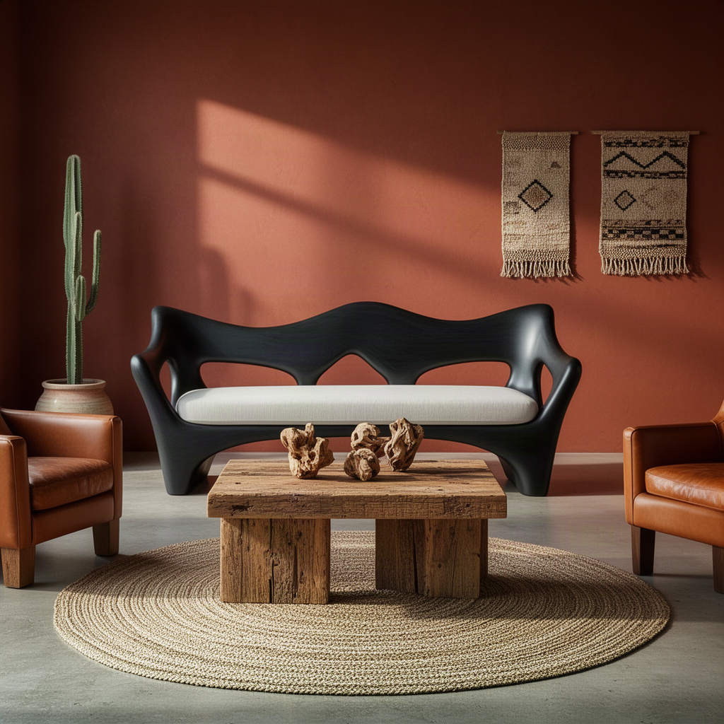 Undara sculptural wood sofa in Black with wave-shaped backrest and organic oval cutouts
