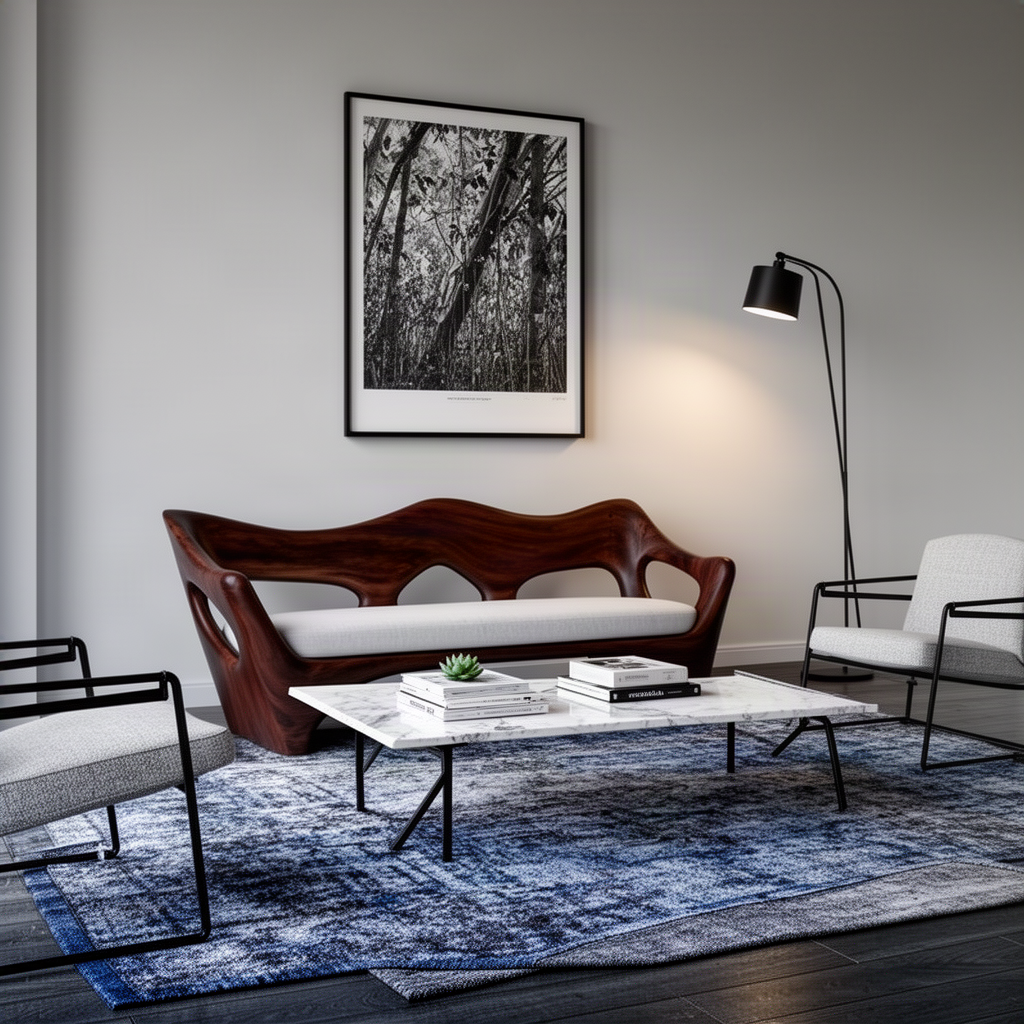 Undara sculptural wood sofa in rich Walnut tone with a marble coffee table in a modern monochrome living room