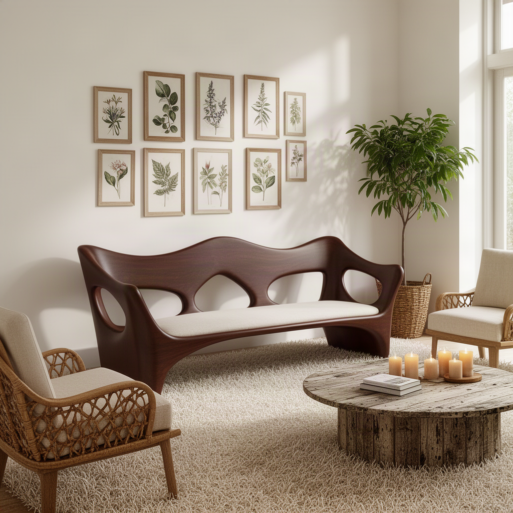 Undara carved wood sofa in Walnut tone beneath a botanical gallery wall in a bright organic modern lounge