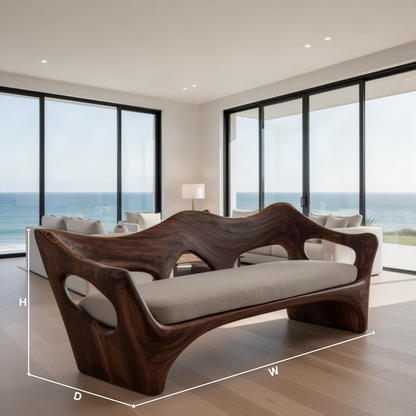 Undara sculptural wood sofa dimensions diagram showing width, height and depth of the carved frame sofa