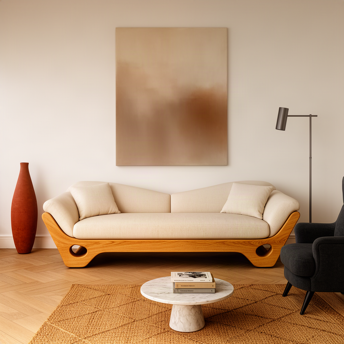 Navira sculptural wood sofa in Oak with curved boat-shaped base, oval cutouts and cream upholstered wave back